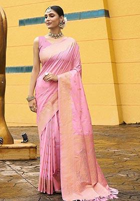 Pink Zari Woven Nylon Banarasi Saree Set