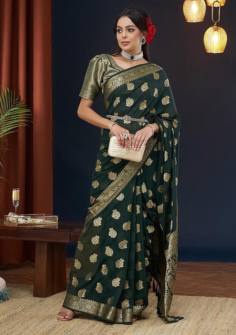 Green Zari Woven Georgette Saree Set