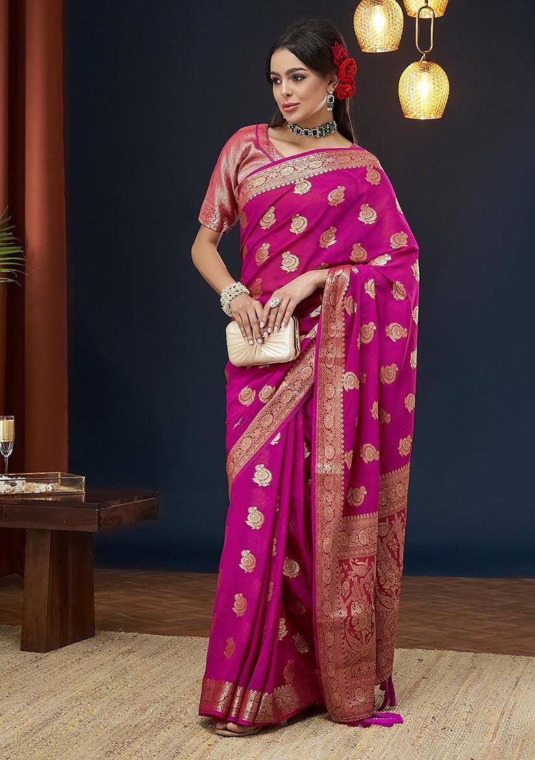Pink Zari Woven Georgette Saree Set
