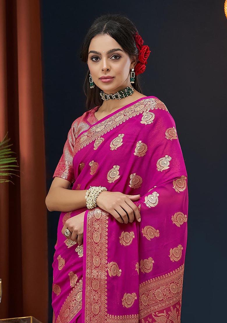 Pink Zari Woven Georgette Saree Set