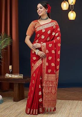 Red Zari Woven Georgette Saree Set