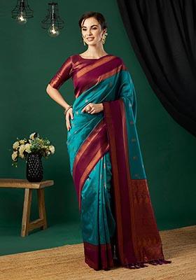 Aqua Blue Zari Woven Banarasi Silk Saree Set