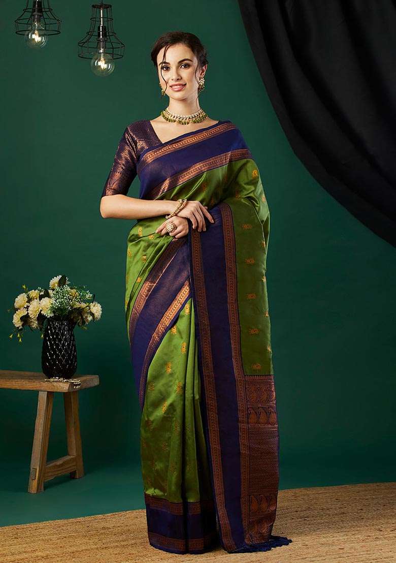 Green Zari Woven Banarasi Silk Saree Set - Indya