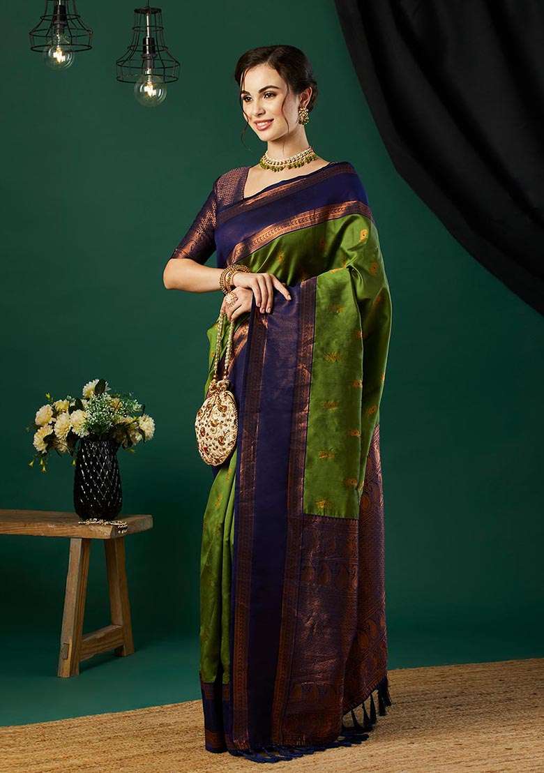 Green Zari Woven Banarasi Silk Saree Set - Indya