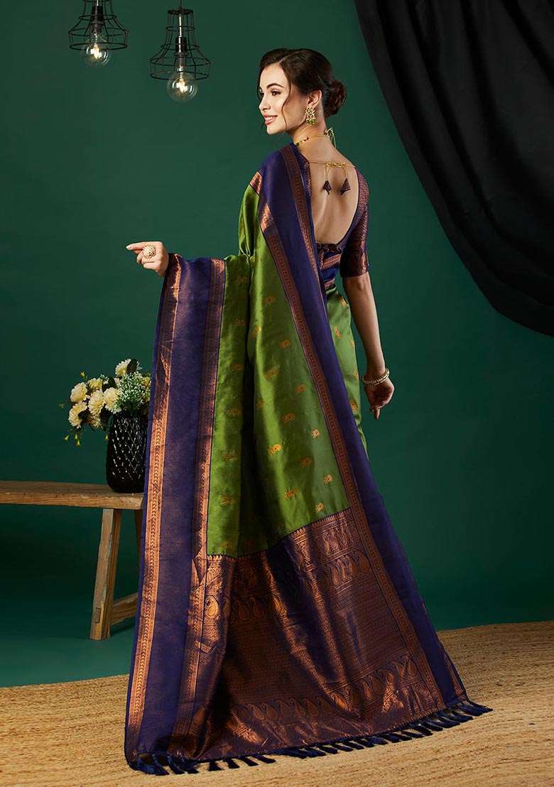 Green Zari Woven Banarasi Silk Saree Set - Indya
