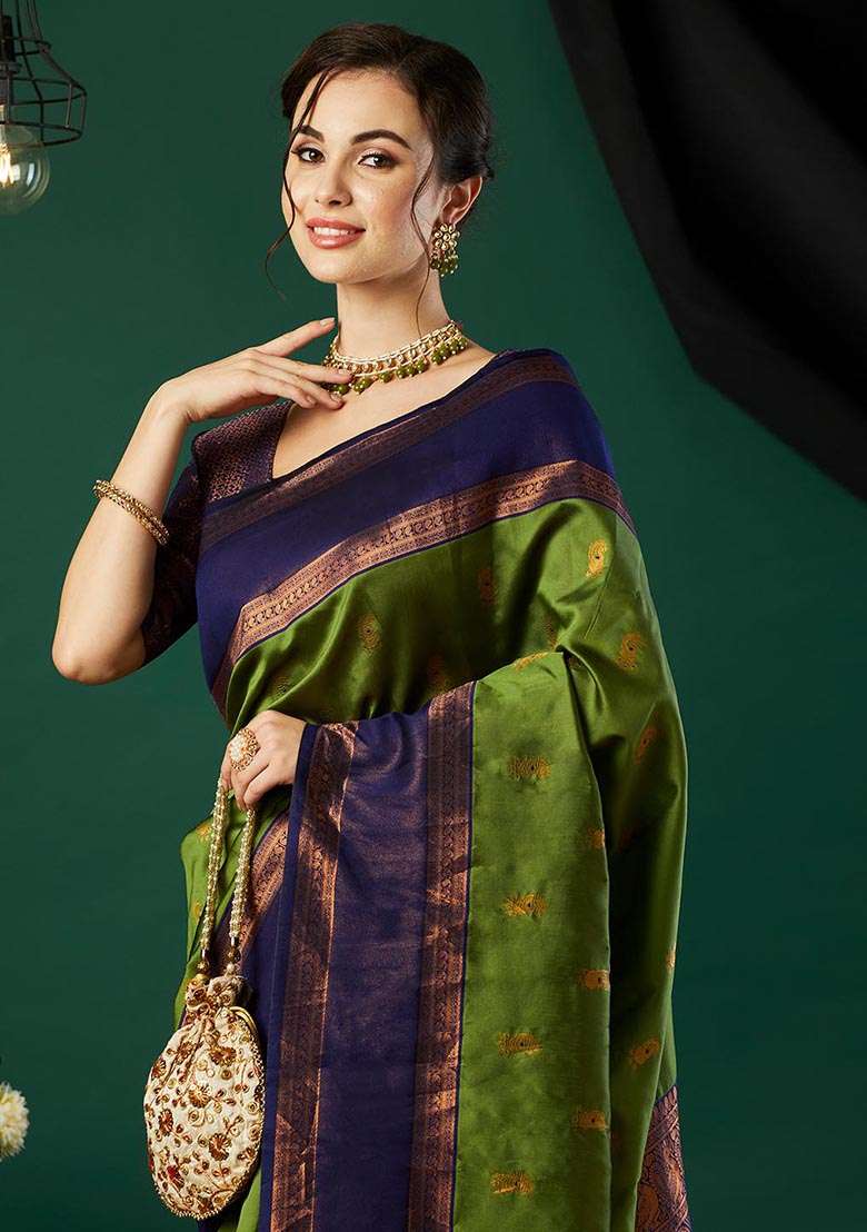 Green Zari Woven Banarasi Silk Saree Set - Indya
