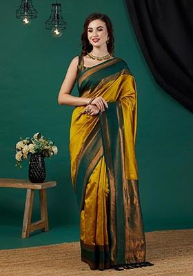 Mustard Zari Woven Banarasi Silk Saree Set