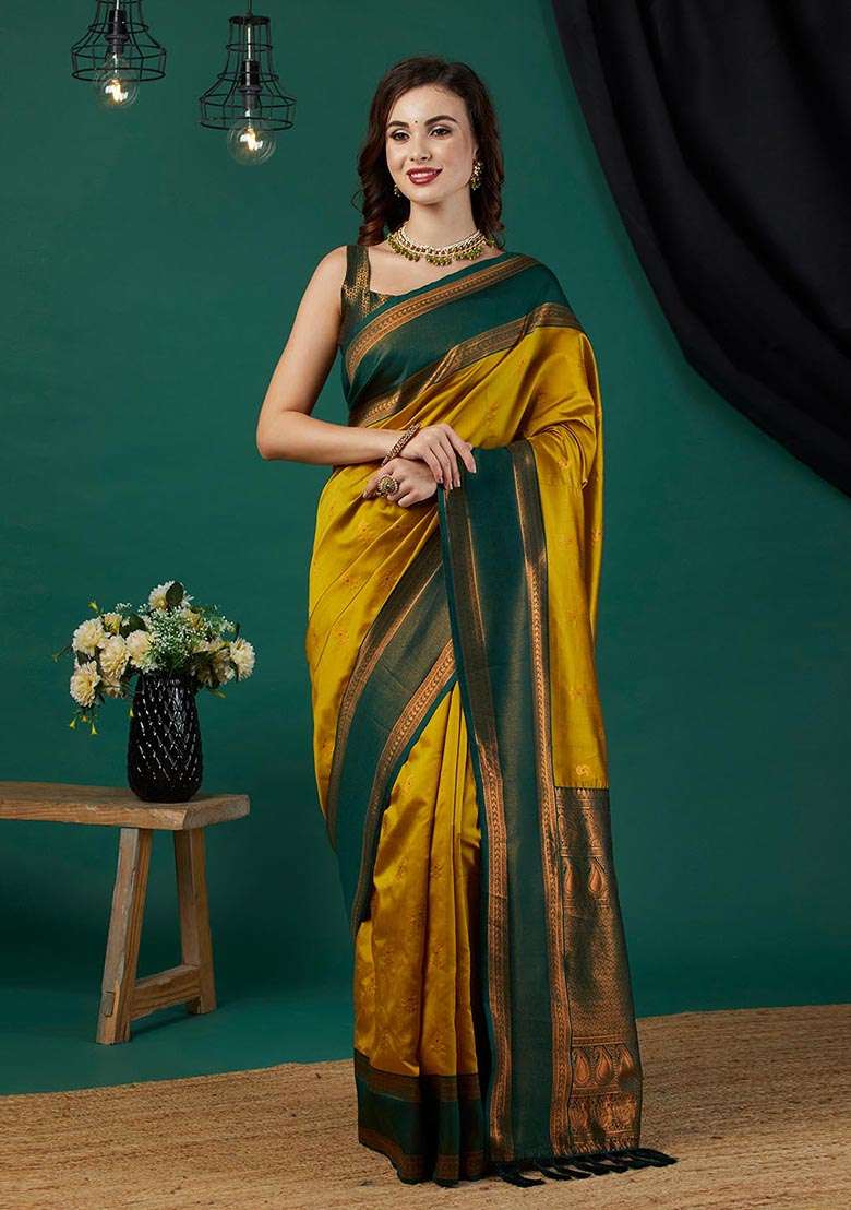 Mustard Zari Woven Banarasi Silk Saree Set - Indya