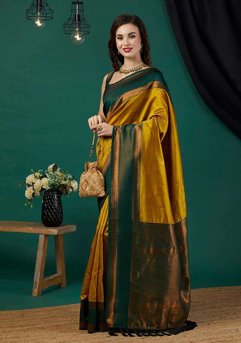 Mustard Zari Woven Banarasi Silk Saree Set - Indya