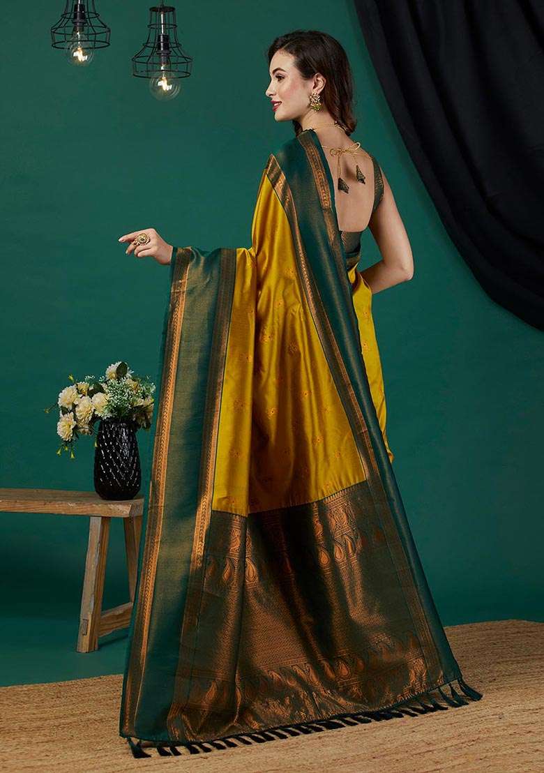 Mustard Zari Woven Banarasi Silk Saree Set - Indya