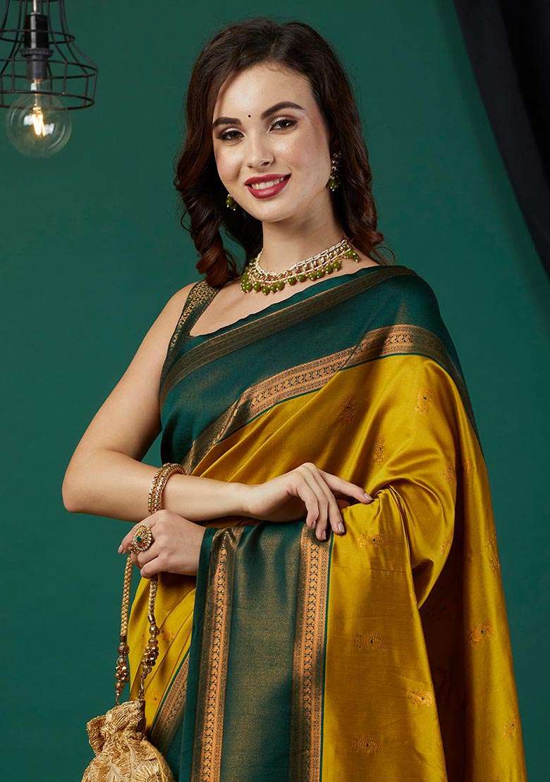 Mustard Zari Woven Banarasi Silk Saree Set - Indya