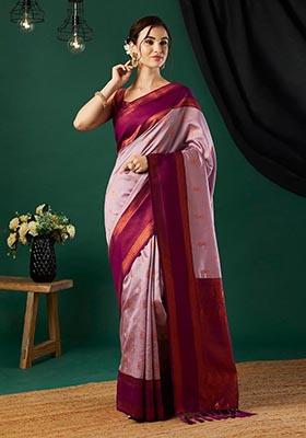 Pink Zari Woven Banarasi Silk Saree Set