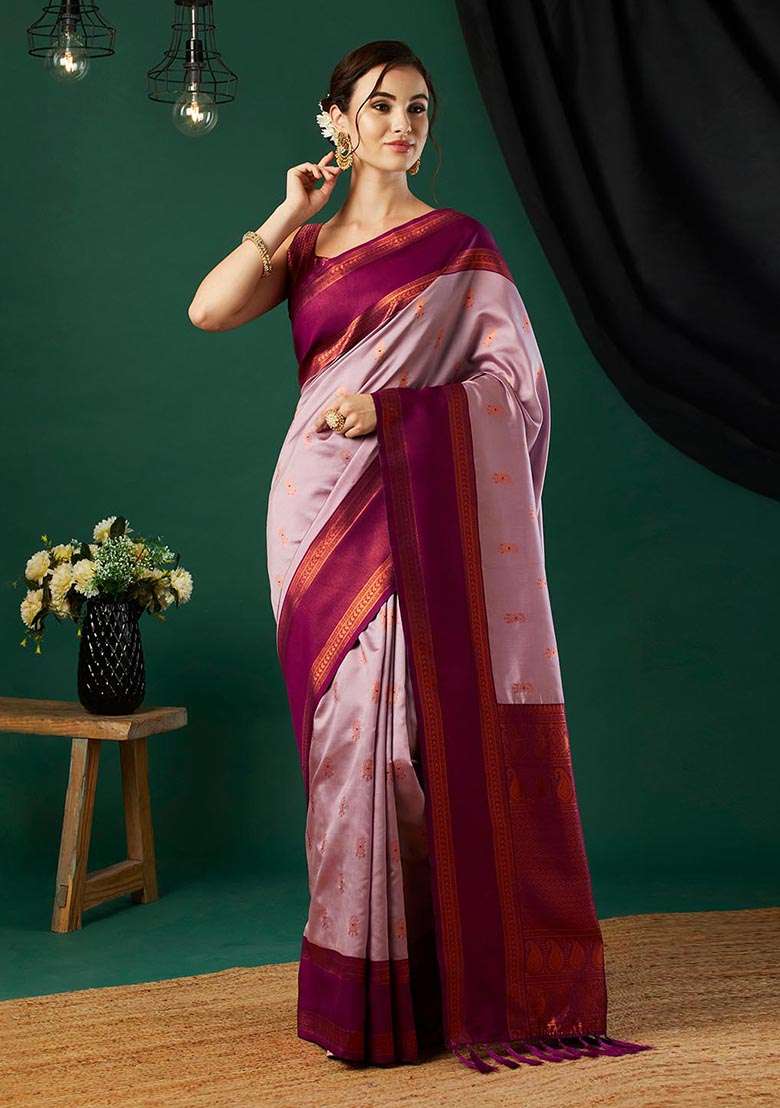 Pink Zari Woven Banarasi Silk Saree Set - Indya