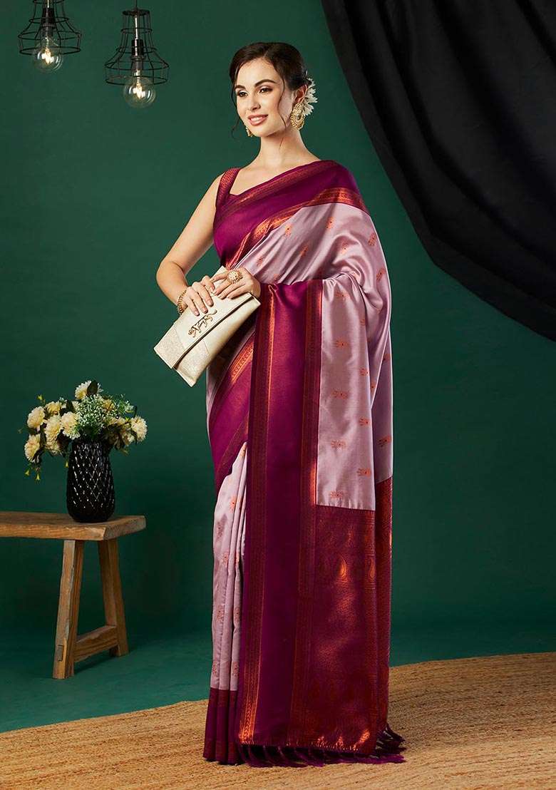 Pink Zari Woven Banarasi Silk Saree Set - Indya