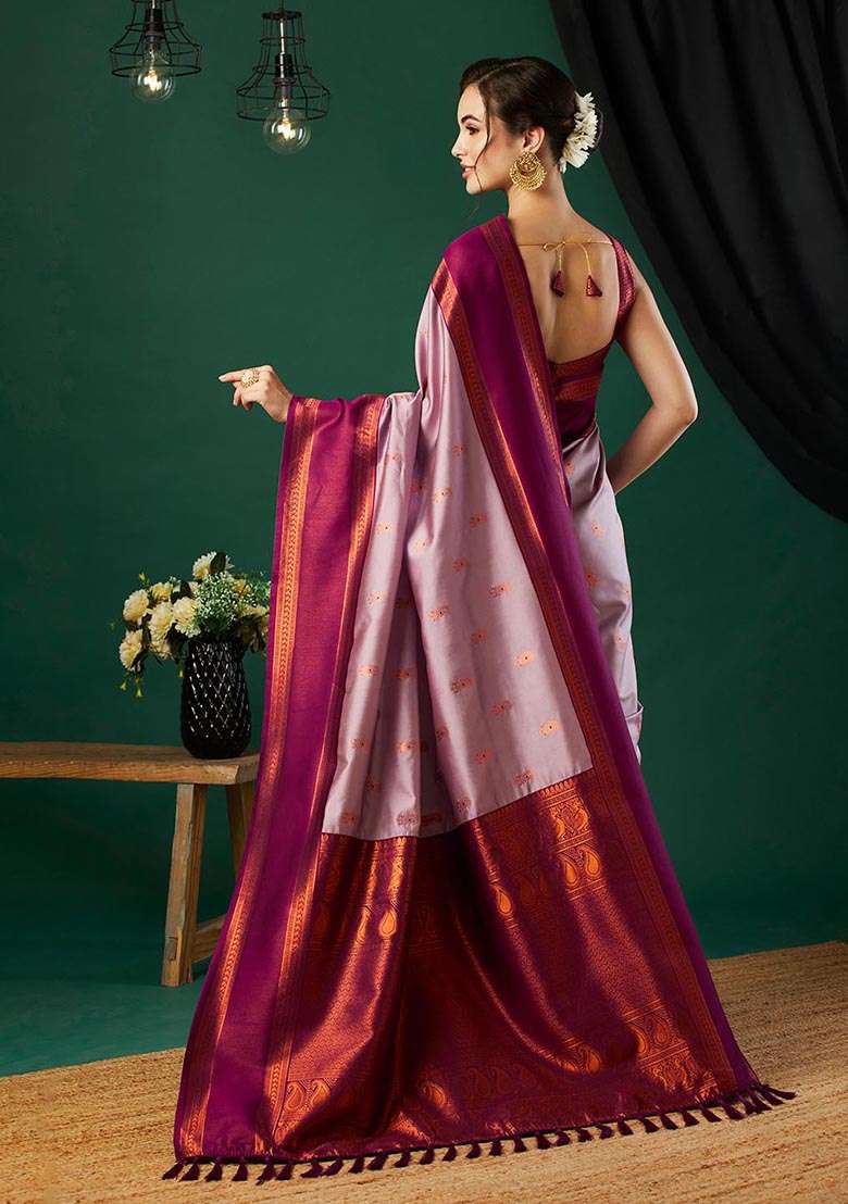 Pink Zari Woven Banarasi Silk Saree Set - Indya
