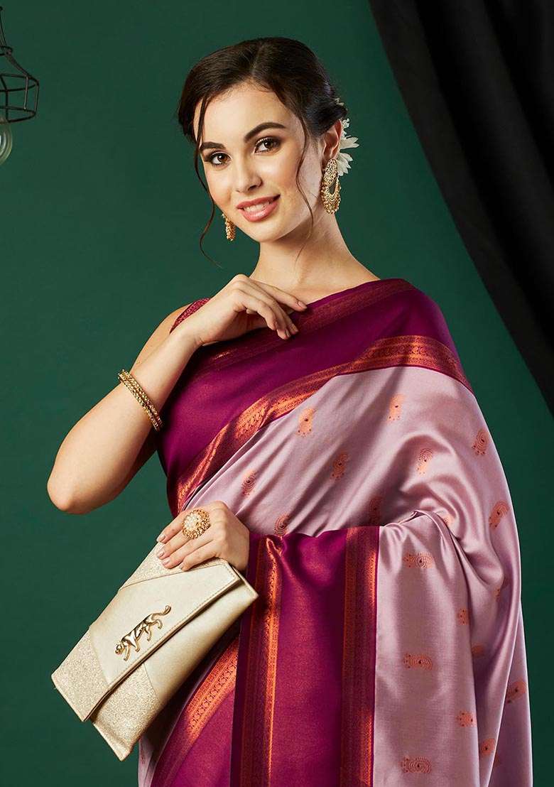 Pink Zari Woven Banarasi Silk Saree Set - Indya