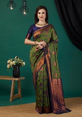 Green Zari Woven Banarasi Silk Saree Set