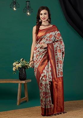 Grey Zari Woven Banarasi Silk Saree Set