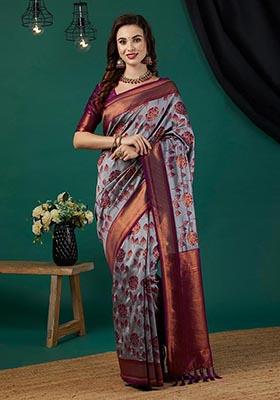 Lavender Zari Woven Banarasi Silk Saree Set