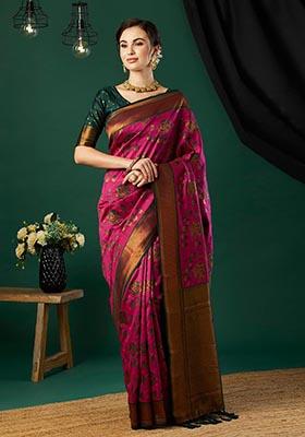 Pink Zari Woven Banarasi Silk Saree Set
