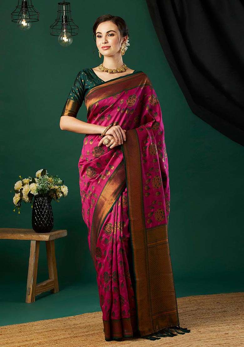 Pink Zari Woven Banarasi Silk Saree Set - Indya