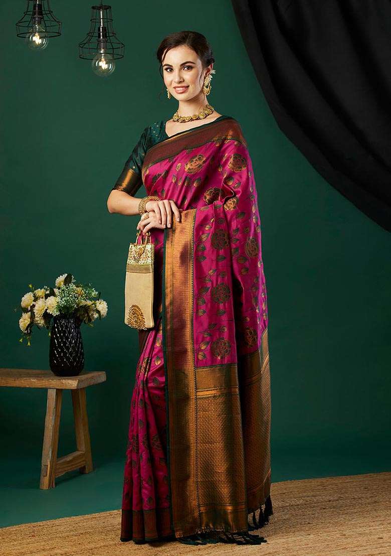 Pink Zari Woven Banarasi Silk Saree Set - Indya
