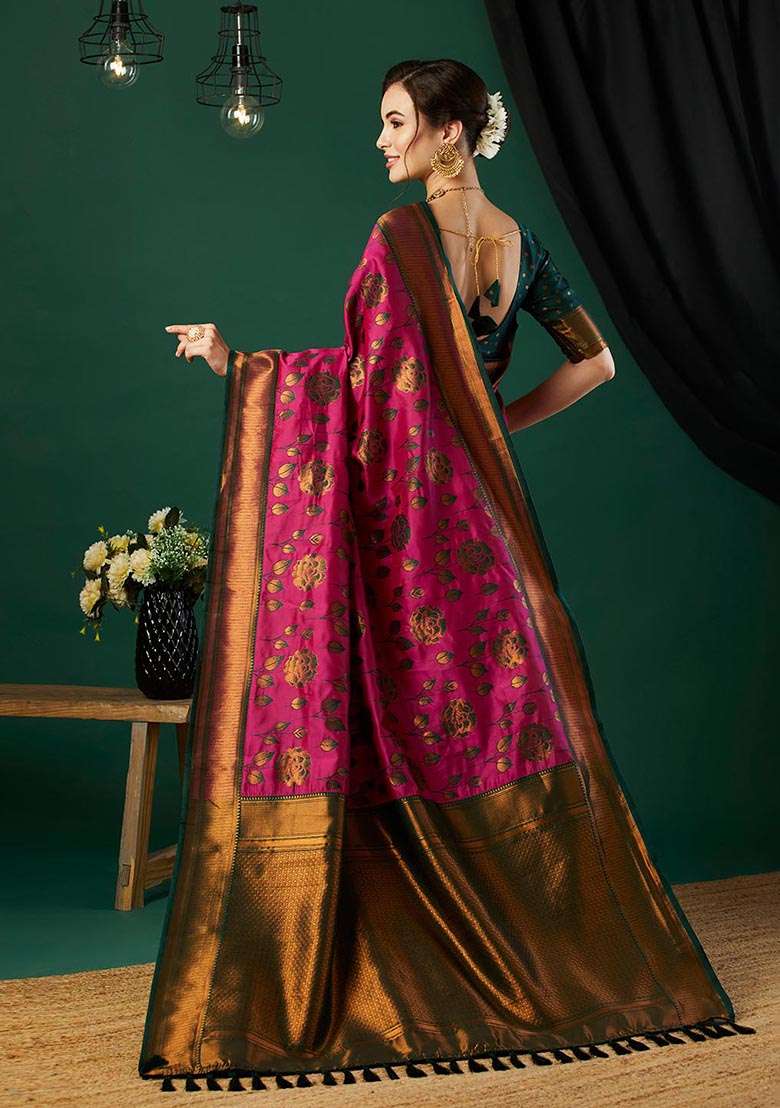 Pink Zari Woven Banarasi Silk Saree Set - Indya