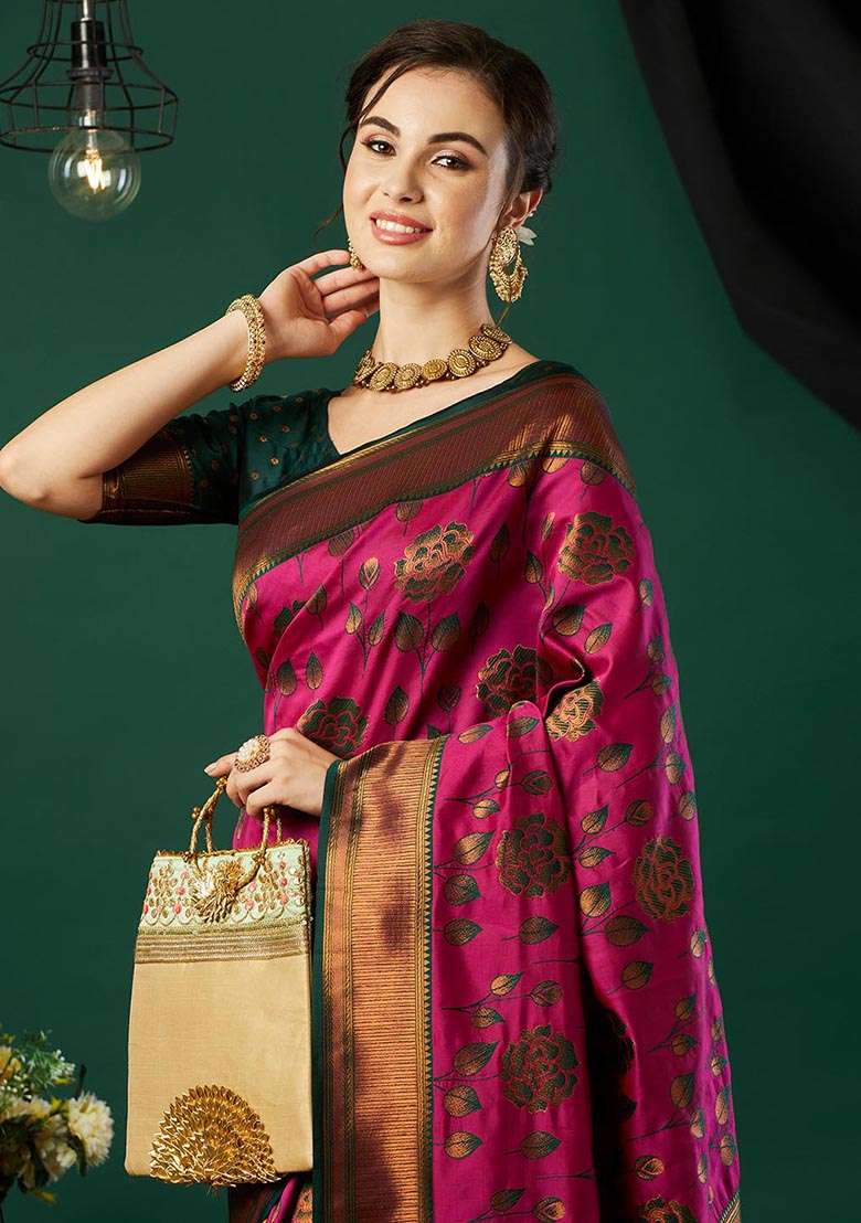 Pink Zari Woven Banarasi Silk Saree Set - Indya