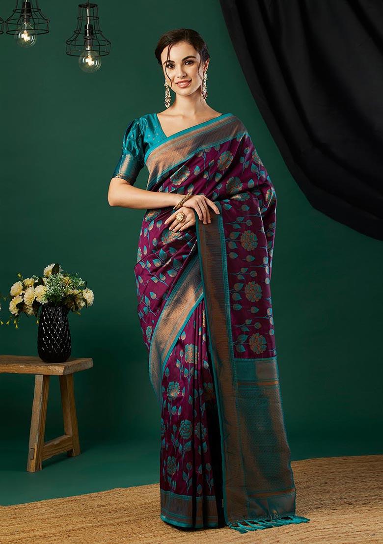 Wine Zari Woven Banarasi Silk Saree Set