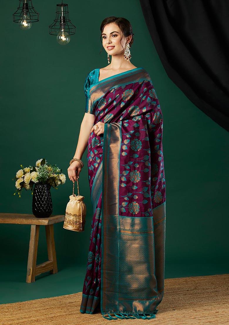 Wine Zari Woven Banarasi Silk Saree Set
