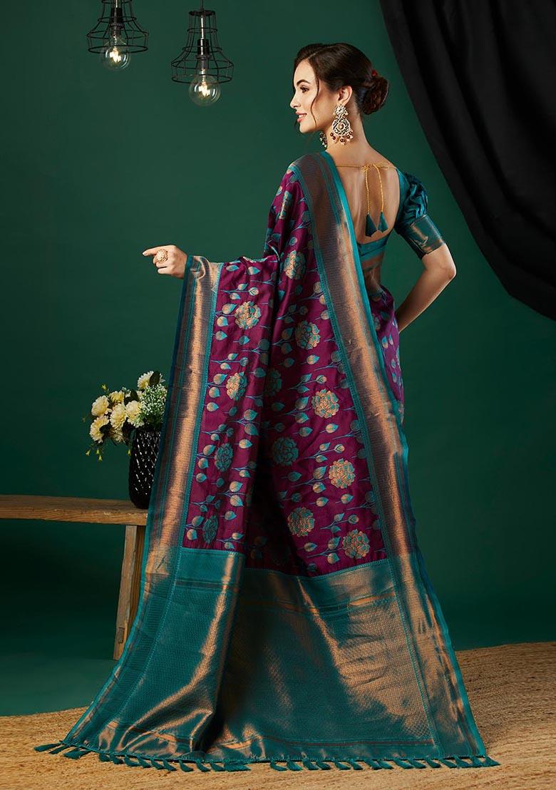 Wine Zari Woven Banarasi Silk Saree Set