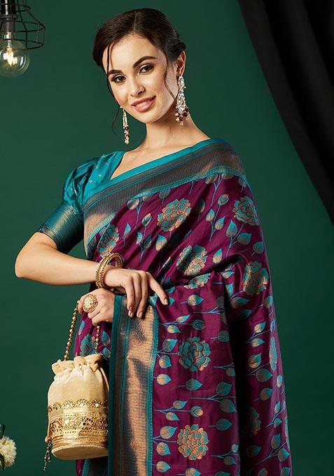 Wine Zari Woven Banarasi Silk Saree Set