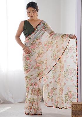 Off White Zari Woven Georgette Saree Set