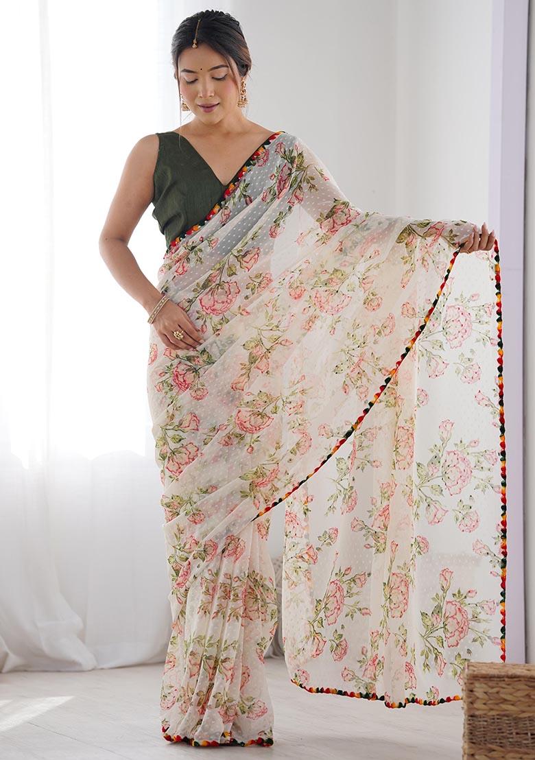 Off White Zari Woven Georgette Saree Set