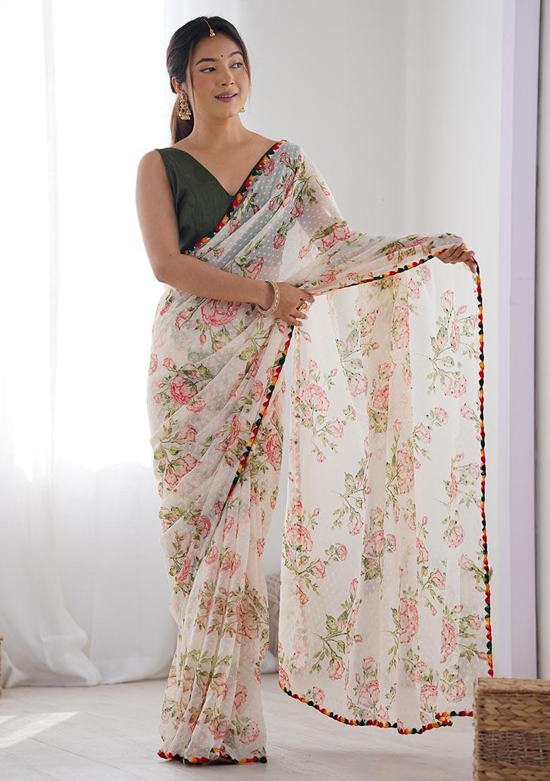 Off White Zari Woven Georgette Saree Set