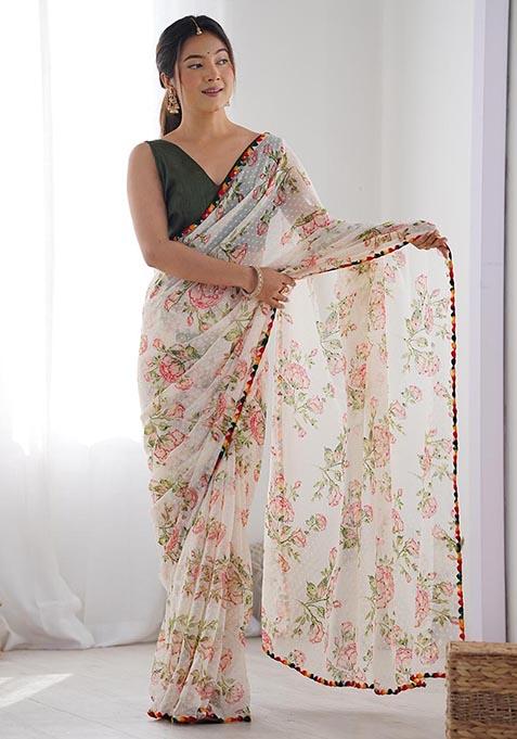 Off White Zari Woven Georgette Saree Set