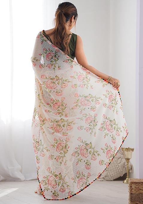 Off White Zari Woven Georgette Saree Set