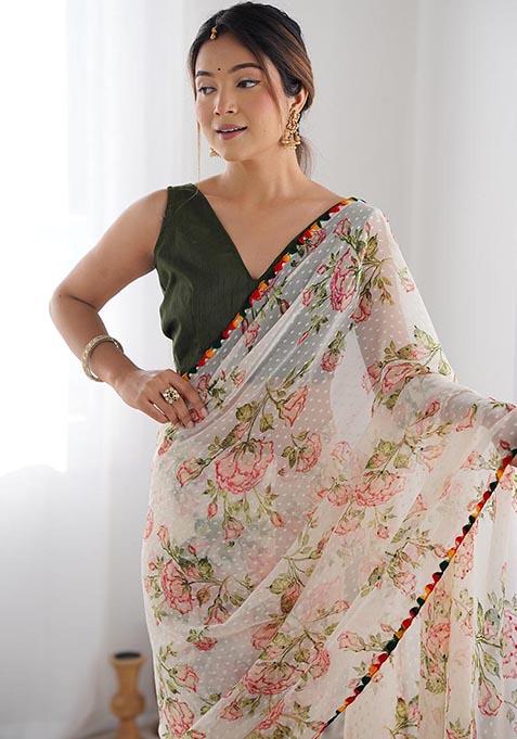 Off White Zari Woven Georgette Saree Set