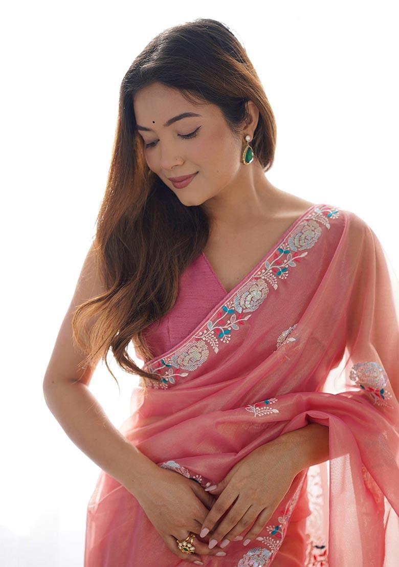 Peach Sequin Thread Embroidered Net Saree Set