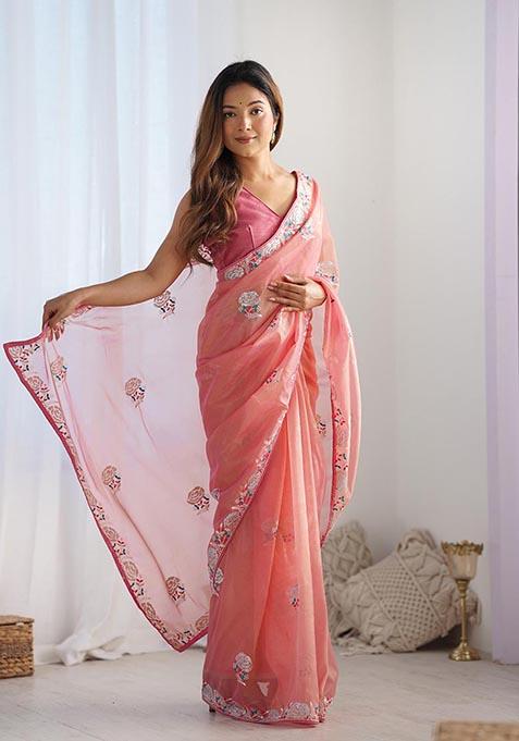 Peach Sequin Thread Embroidered Net Saree Set