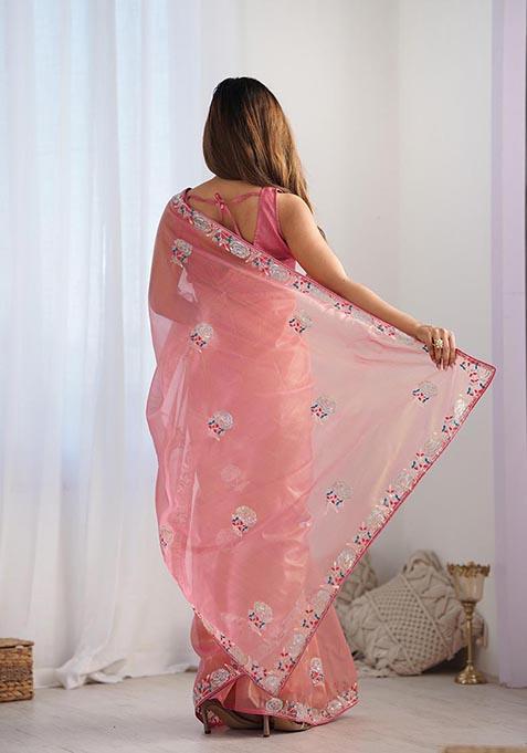 Peach Sequin Thread Embroidered Net Saree Set