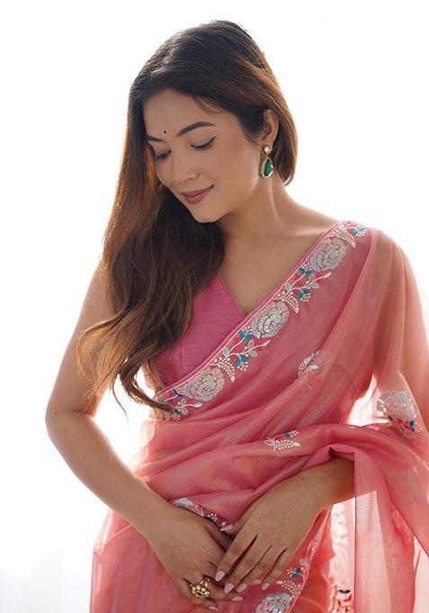 Peach Sequin Thread Embroidered Net Saree Set