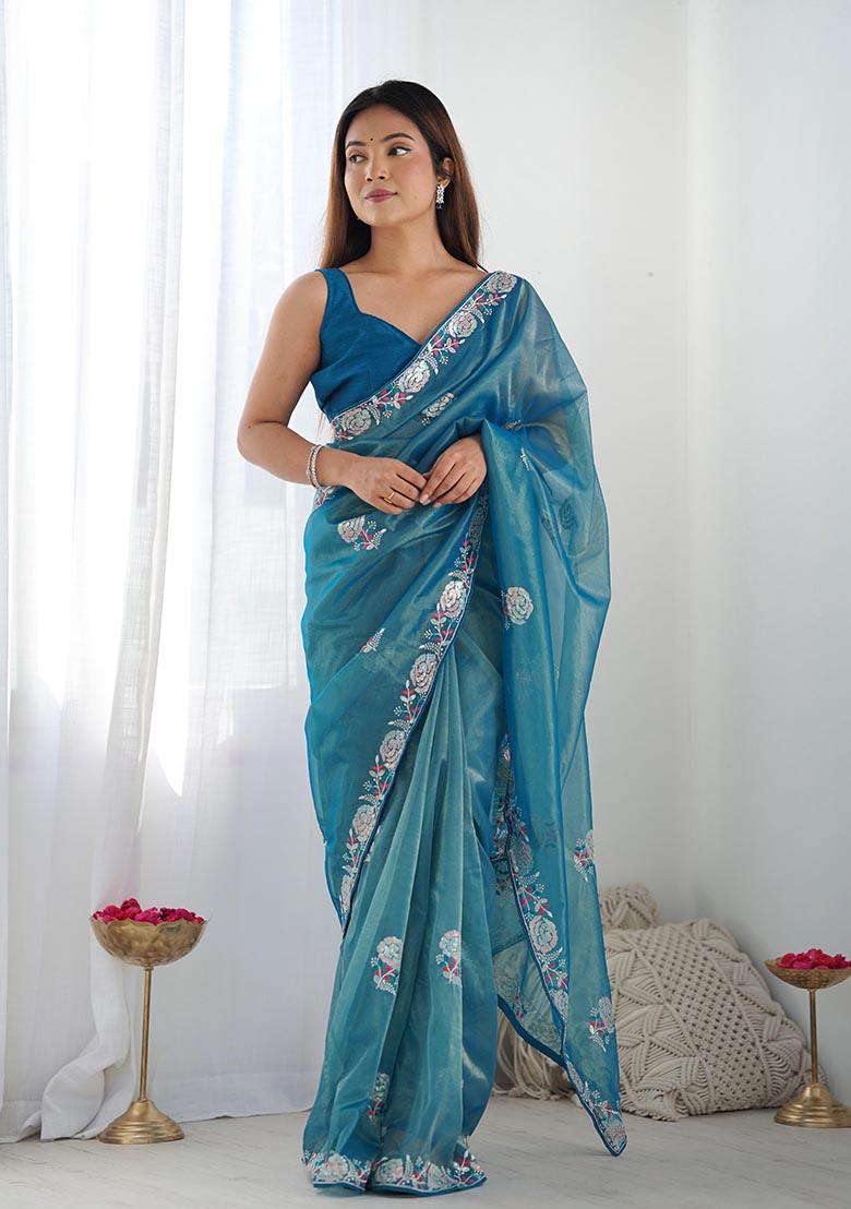 Teal Blue Sequin Thread Embroidered Net Saree Set