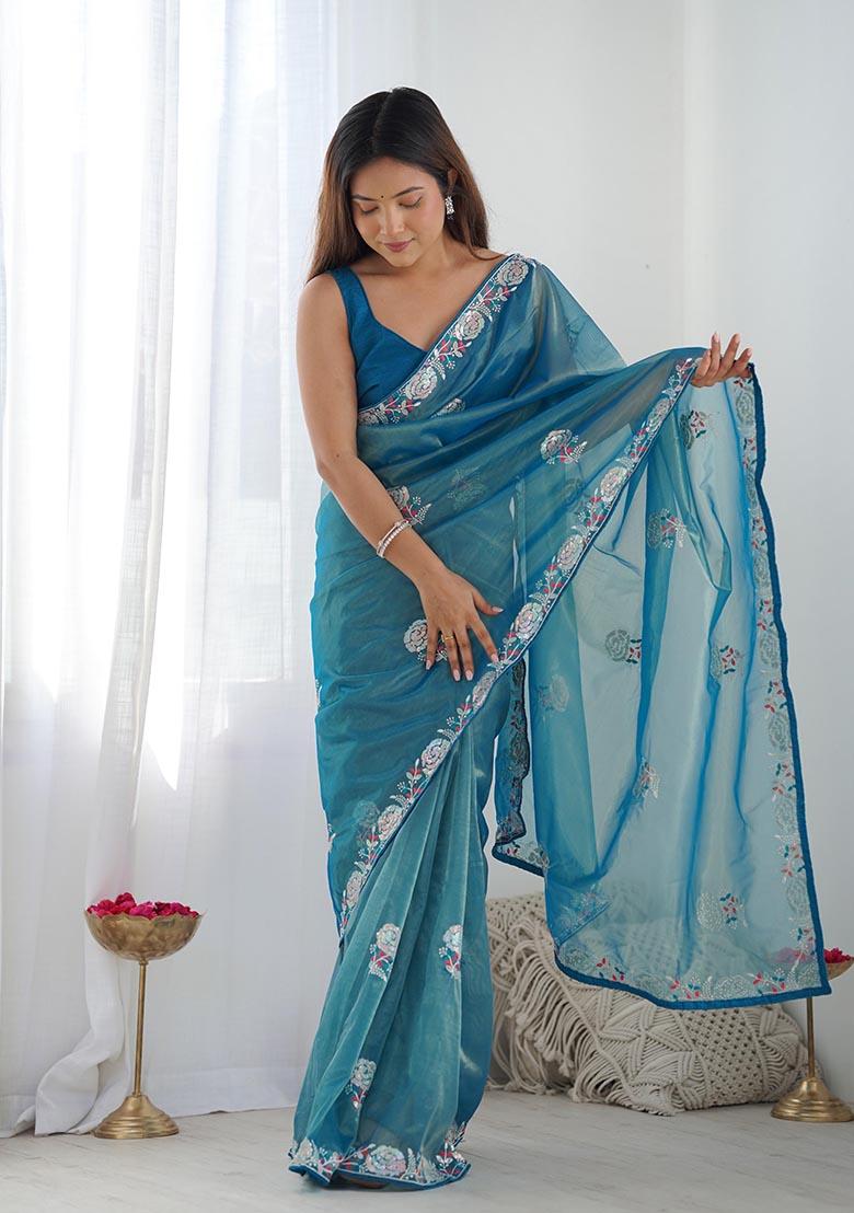 Teal Blue Sequin Thread Embroidered Net Saree Set
