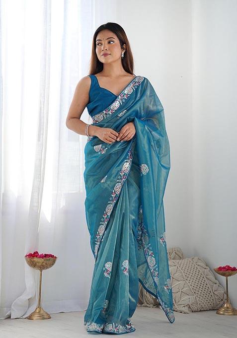 Teal Blue Sequin Thread Embroidered Net Saree Set