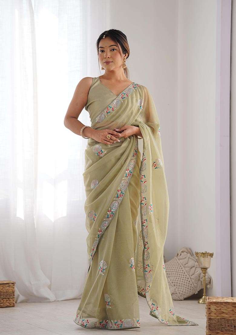 Pista Green Sequin Thread Embroidered Net Saree Set - Indya