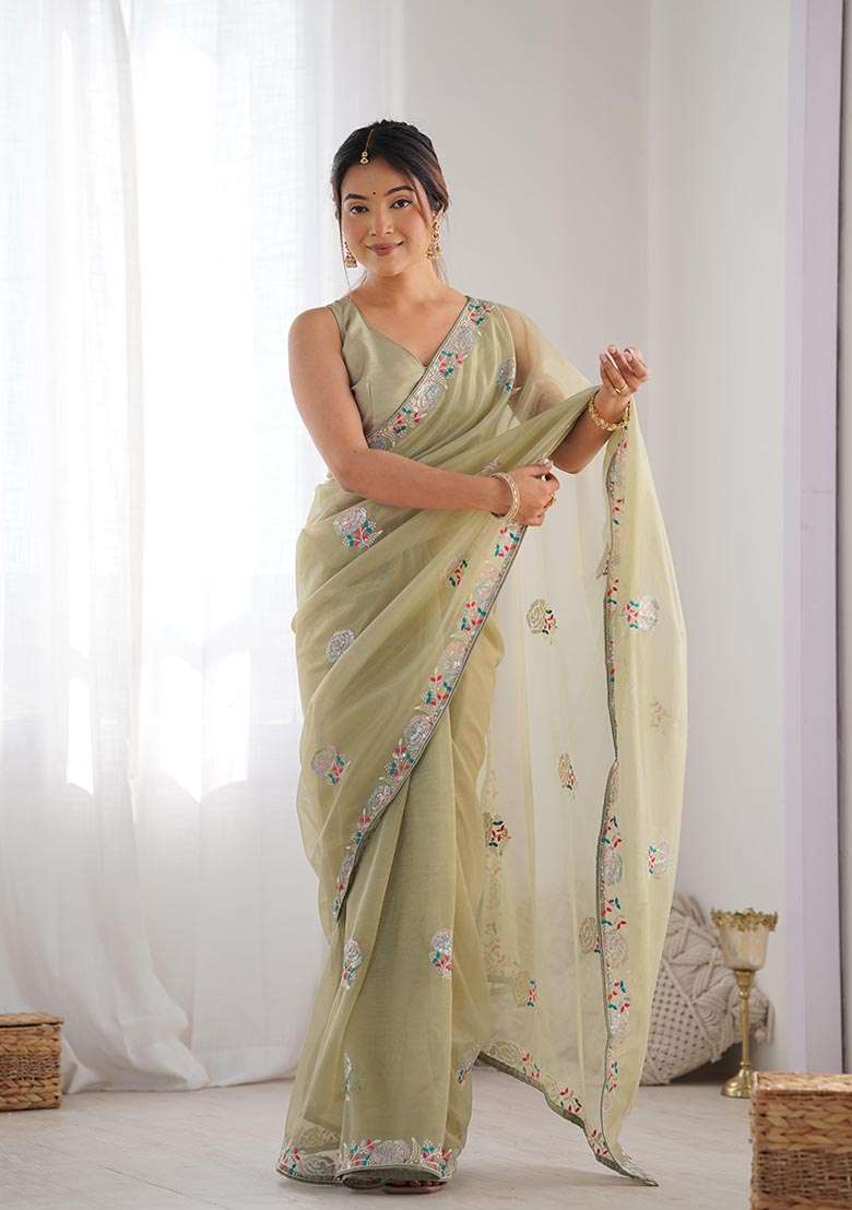 Pista Green Sequin Thread Embroidered Net Saree Set - Indya