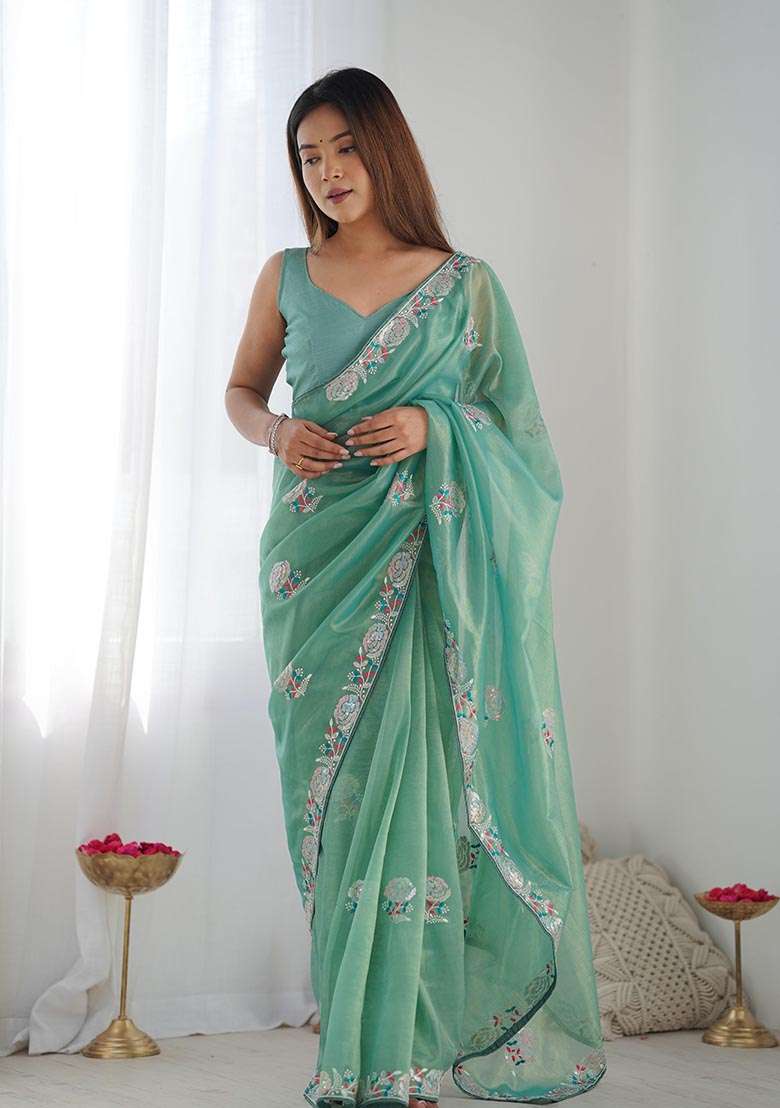 Sea Green Sequin Thread Embroidered Net Saree Set - Indya