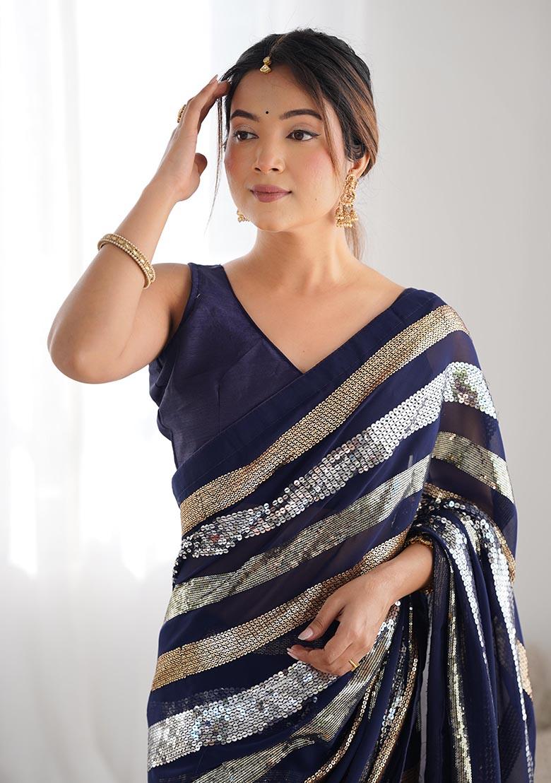 Blue Sequin Embroidered Georgette Saree Set