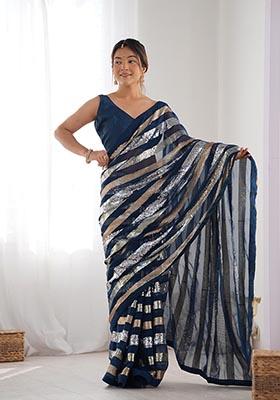 Petrol Blue Sequin Embroidered Georgette Saree Set